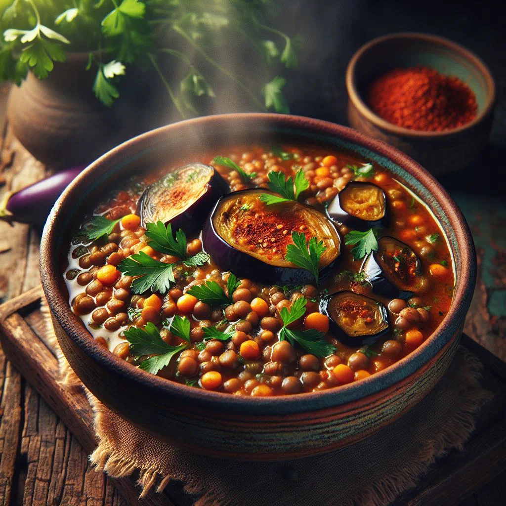 Egyptian lentil and eggplant stew garnished with fresh parsley