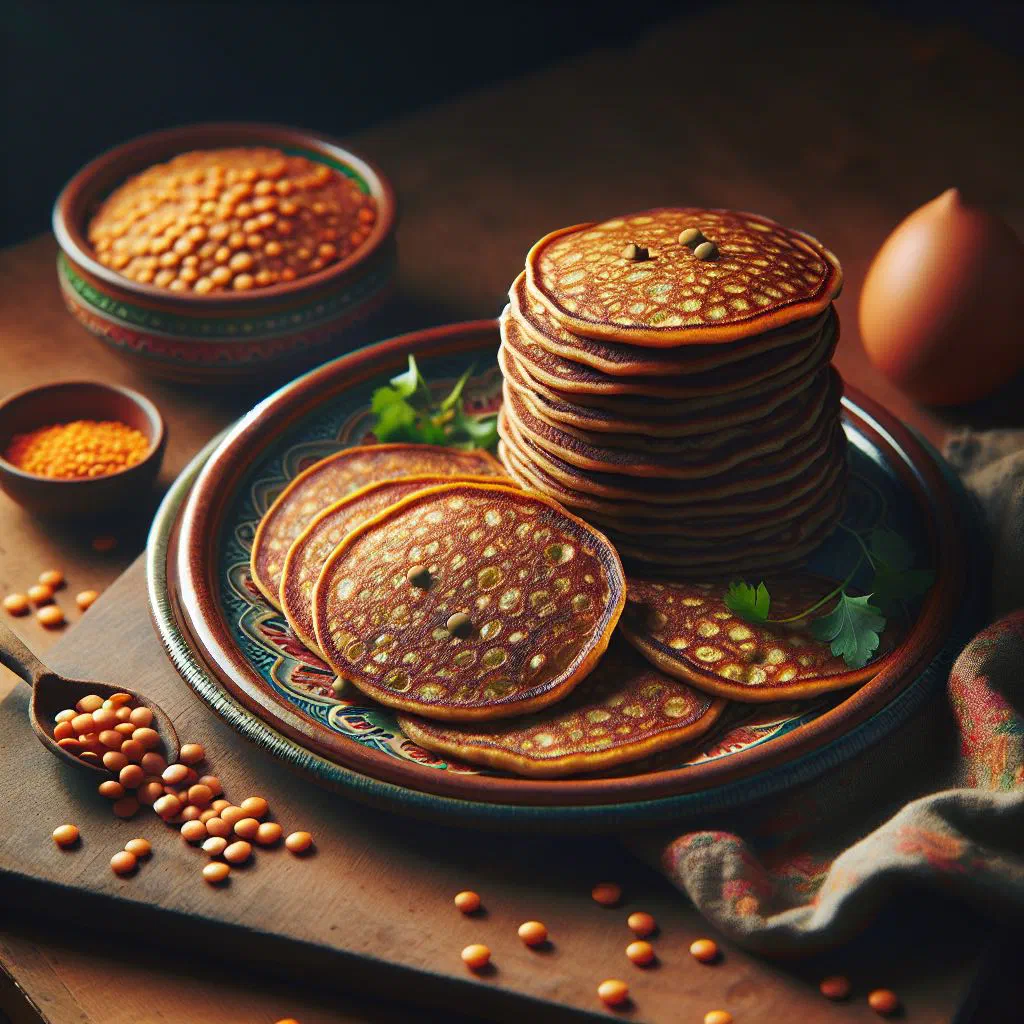 Golden lentil pancakes garnished with fresh coriander on a plate