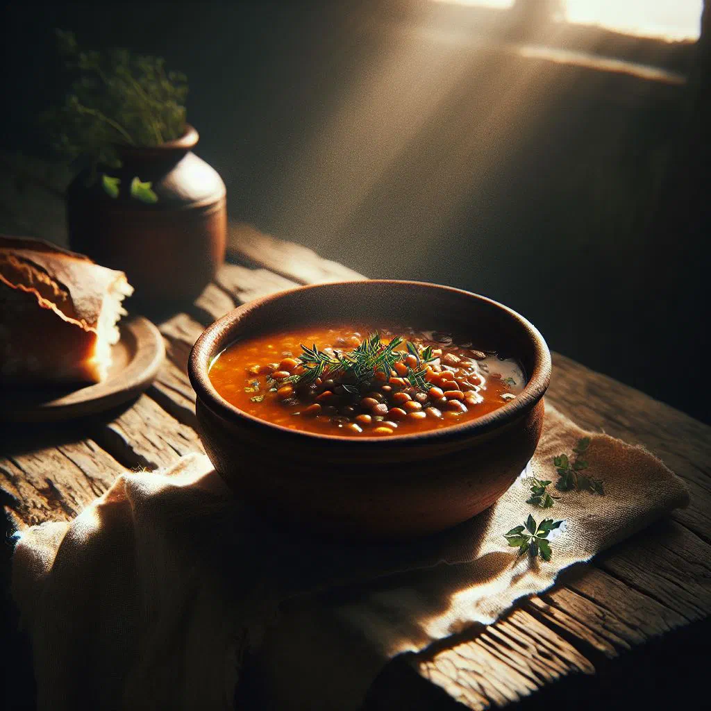 Bowl of creamy Egyptian lentil soup garnished with fresh coriander
