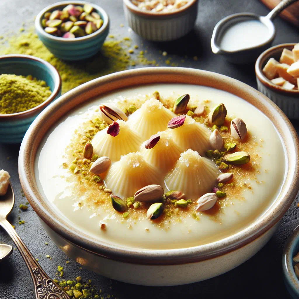 Creamy Egyptian mahallabeya milk pudding topped with chopped pistachios