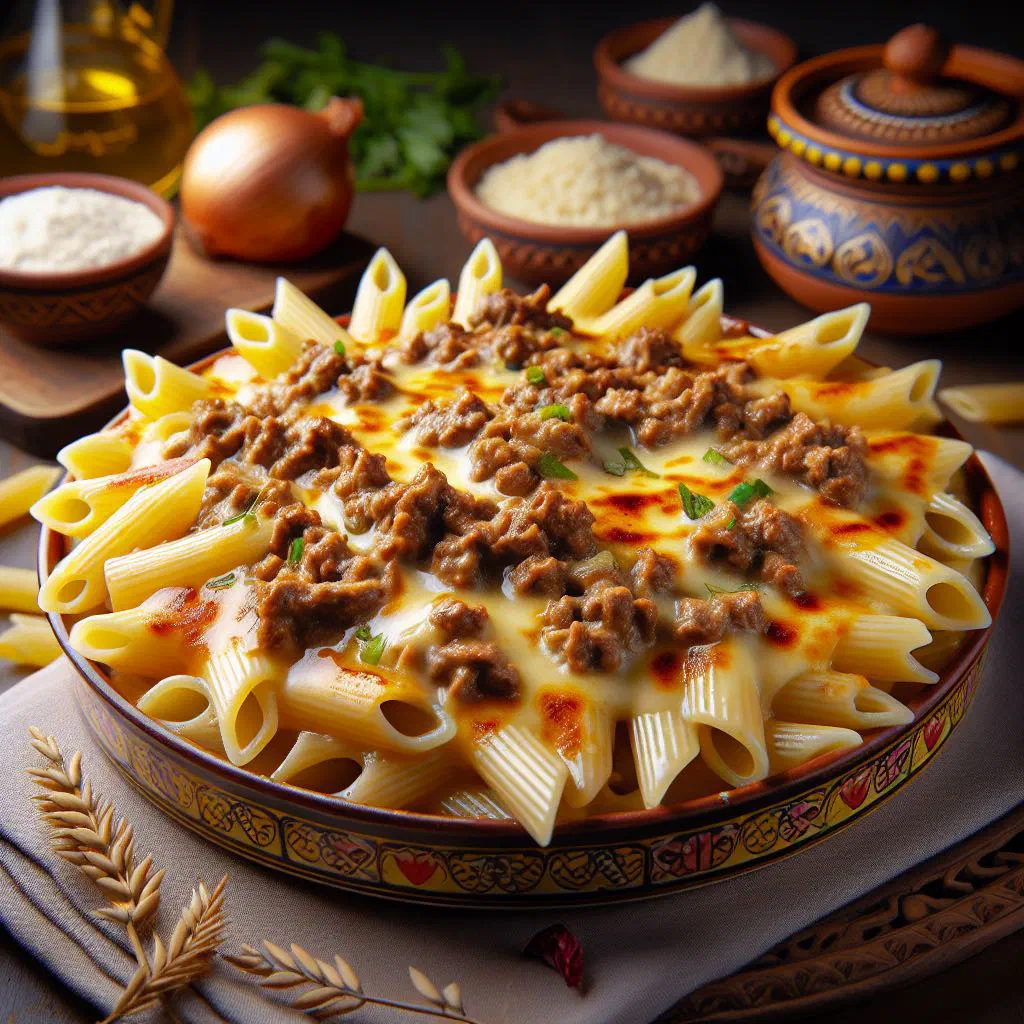 Baked Makarona Bechamel with a golden cheese topping in a dish