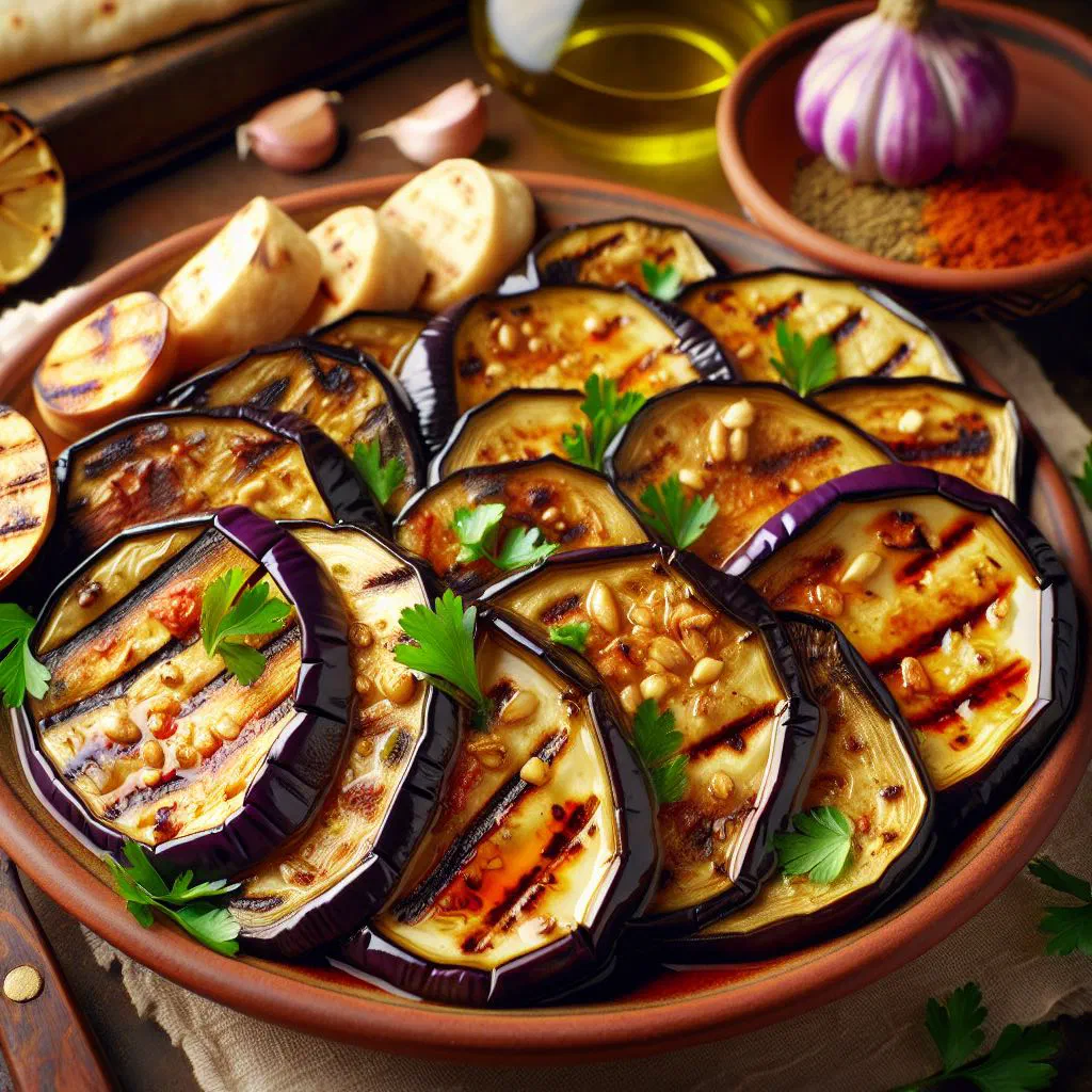 Marinated grilled eggplant slices garnished with fresh parsley