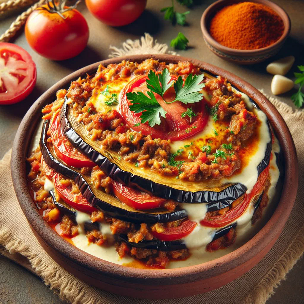 Baked Egyptian mesakaa with layers of fried aubergine and spiced minced beef in tomato sauce