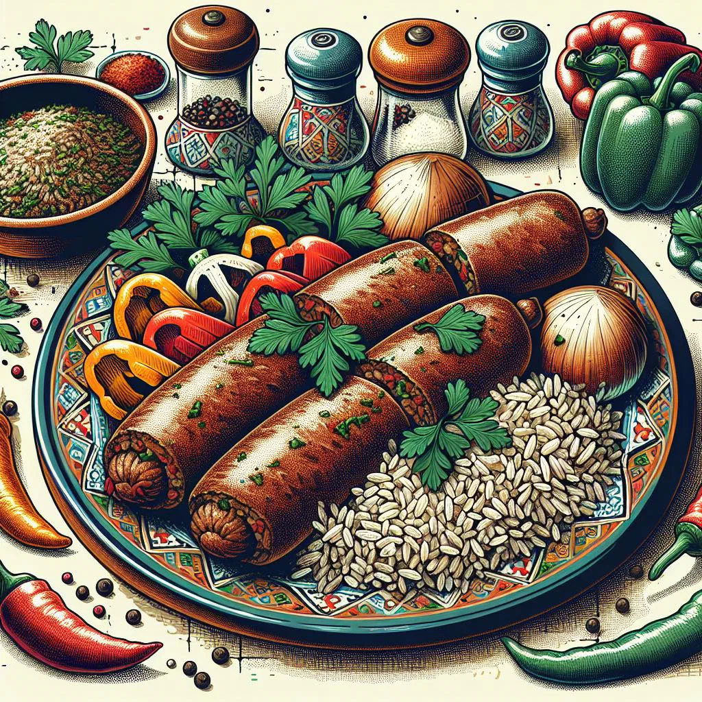Plate of Egyptian mombar, rice-stuffed sausages garnished with fresh parsley