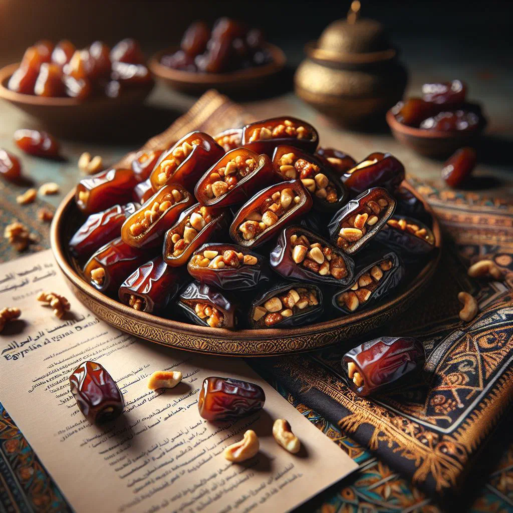 Fresh dates filled with chopped nuts on a serving plate