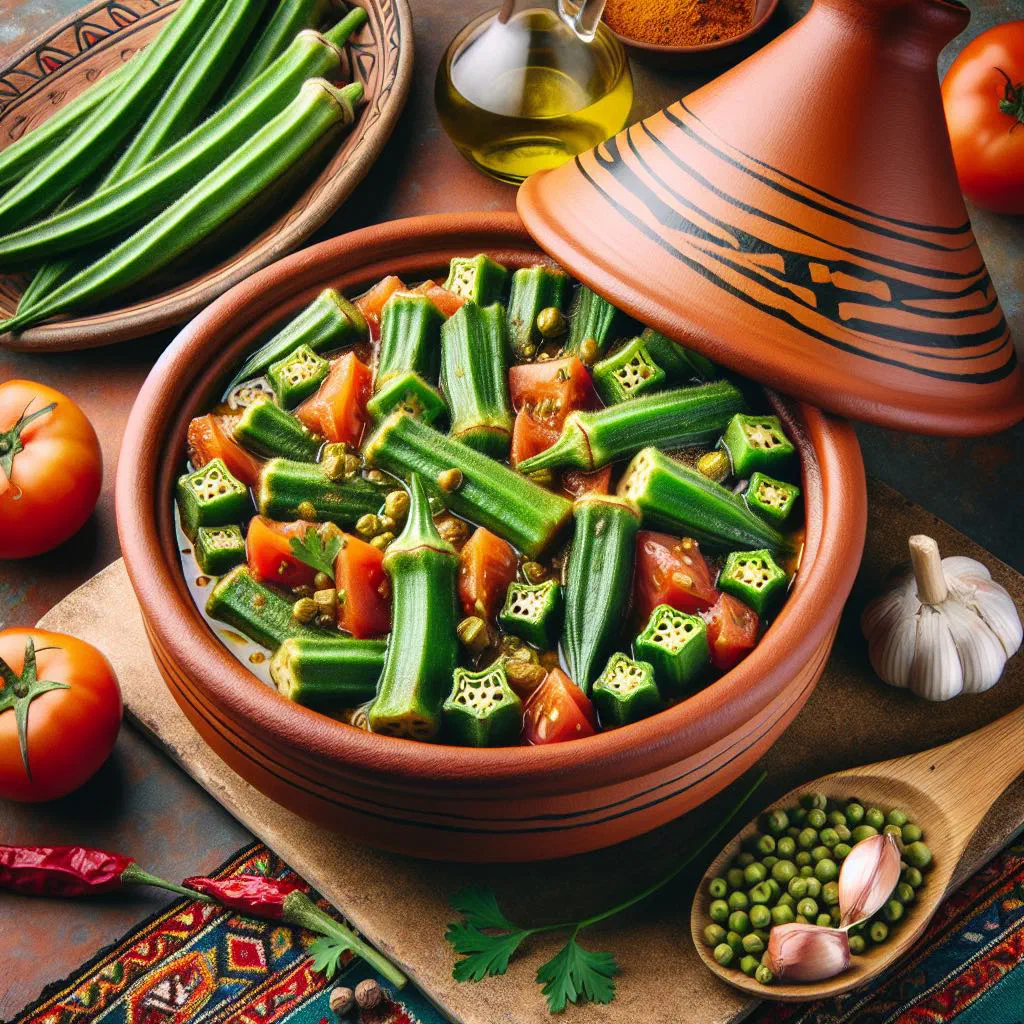Okra tagine with tomatoes and fresh coriander in a rustic dish