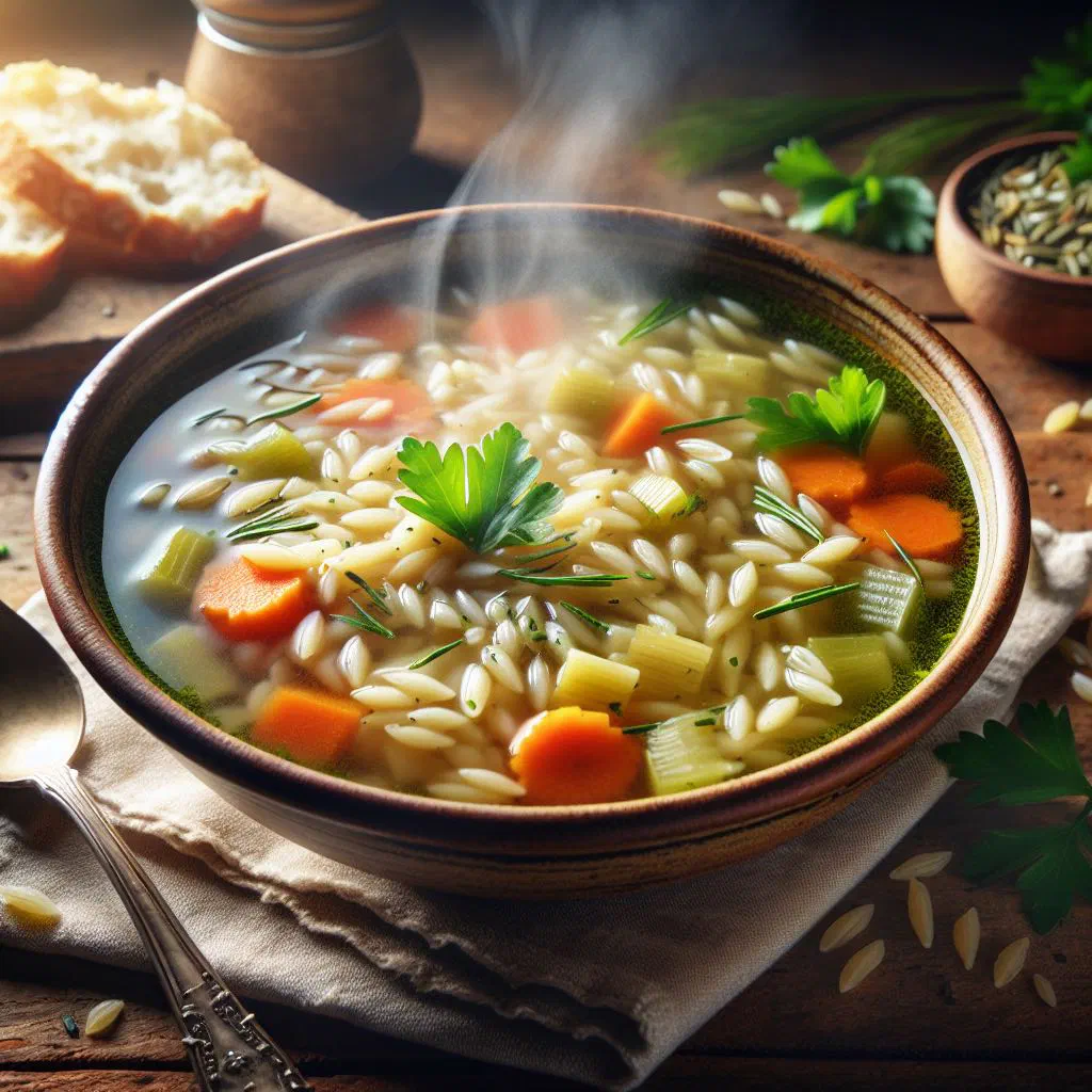A warming bowl of orzo soup with carrots and fresh herbs
