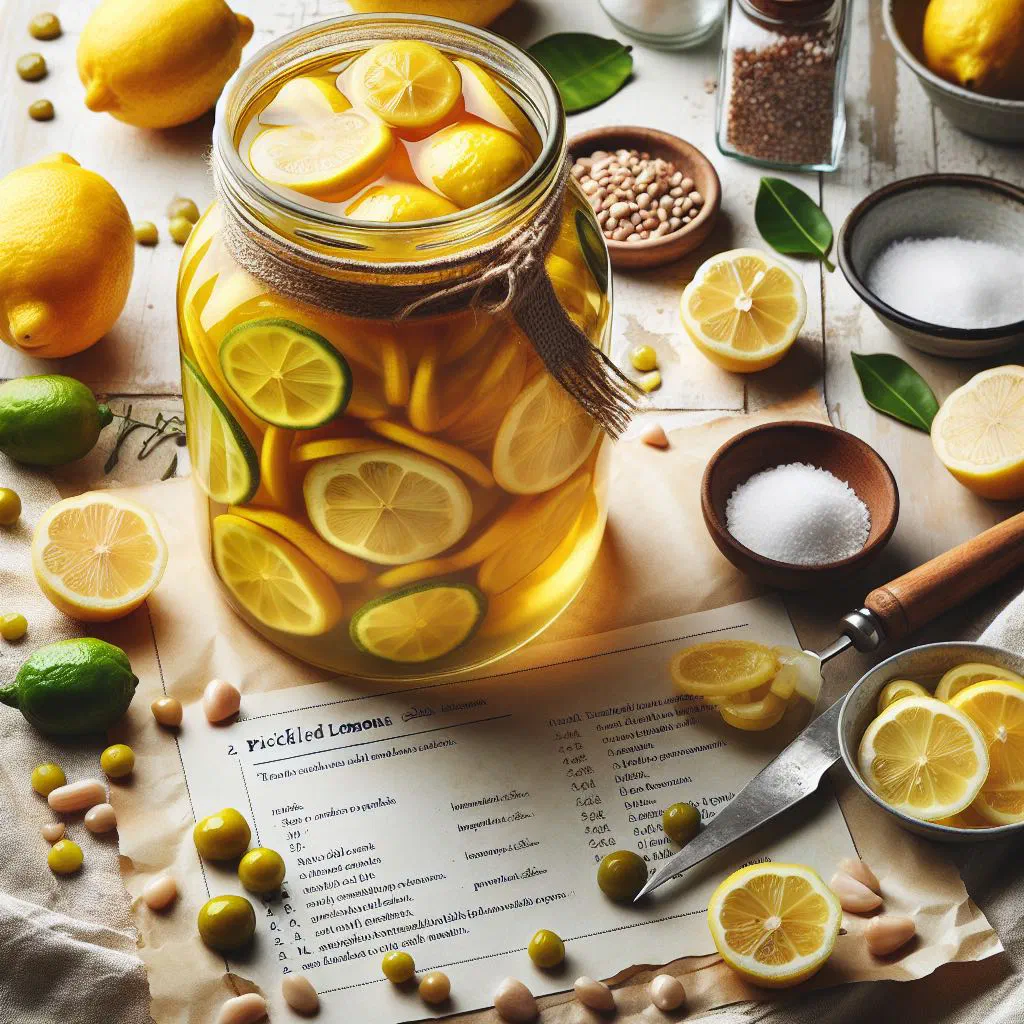 Quartered pickled lemons preserved in a glass jar with herbs and spices