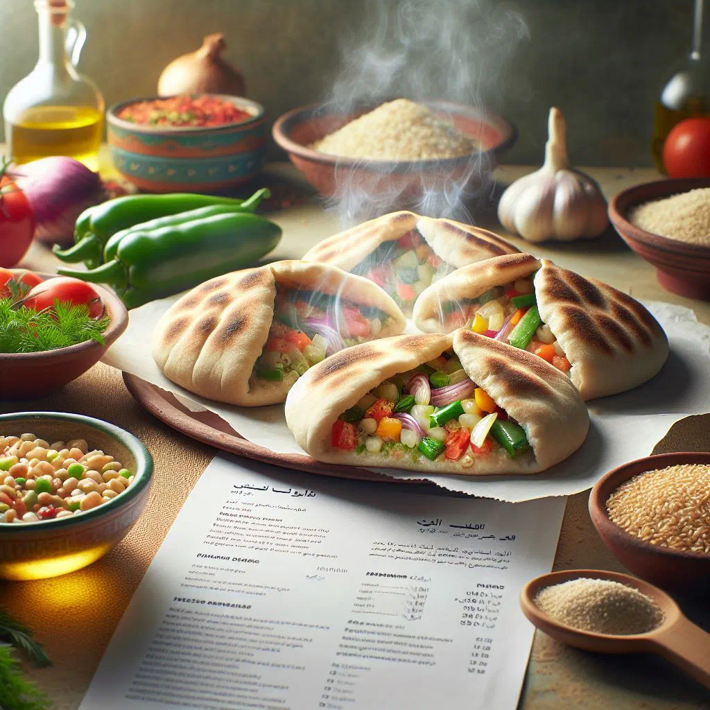Freshly baked pita bread pockets with hummus and fresh vegetables