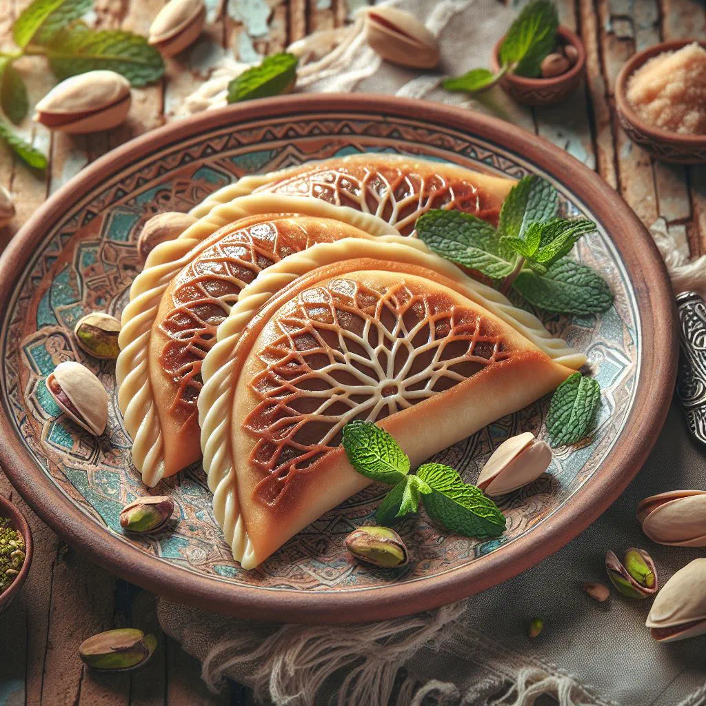 Golden Egyptian qatayef pancakes filled with nuts and drizzled with sugar syrup