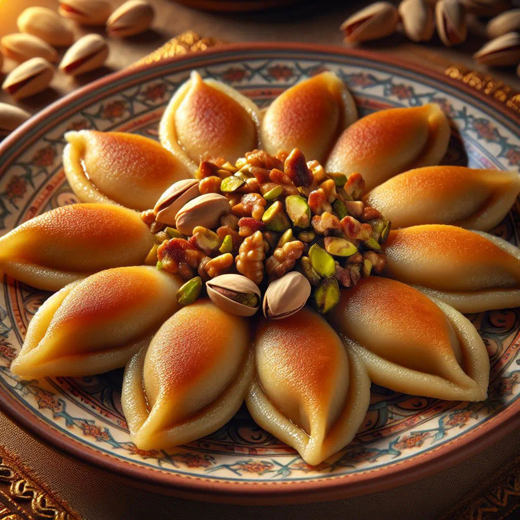 Golden Egyptian qatayef pancakes filled with nuts and drizzled with syrup