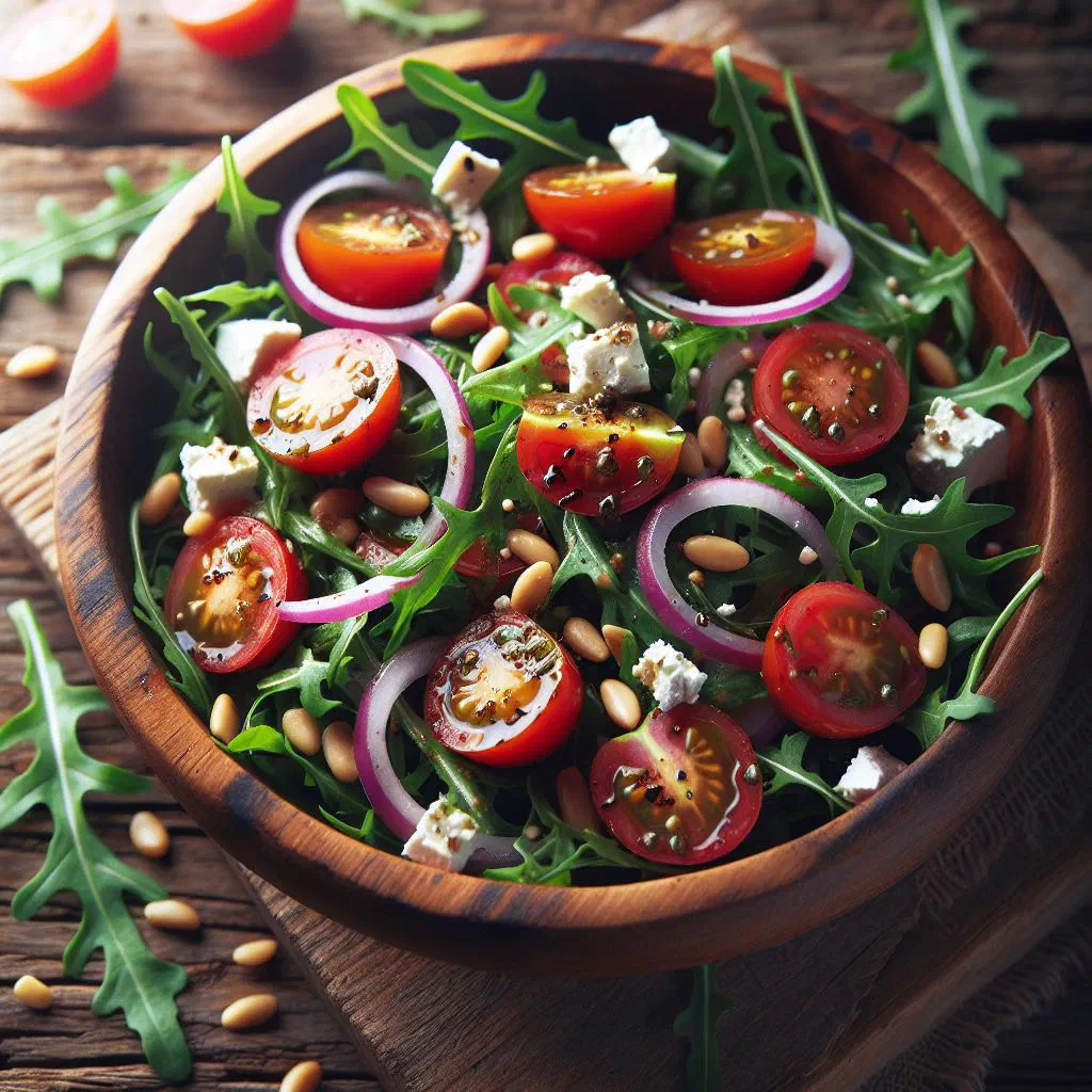 Fresh rocket salad with cherry tomatoes, feta and a light dressing