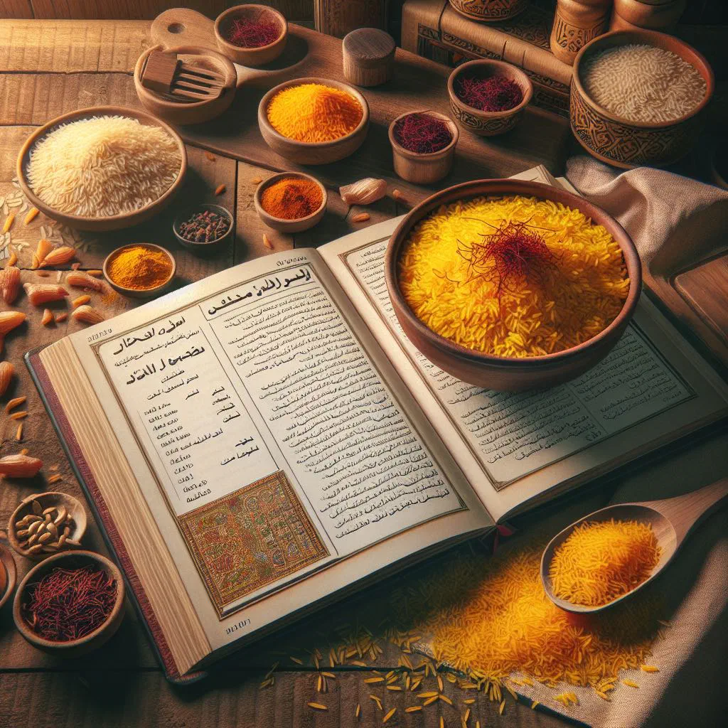 Golden saffron rice garnished with fresh herbs in a serving bowl