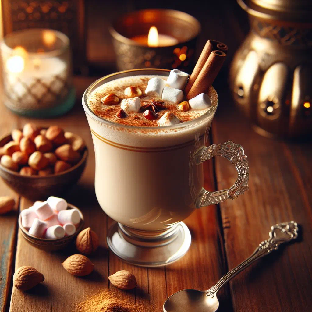 Creamy sahlab in a glass topped with cinnamon, pistachios and raisins