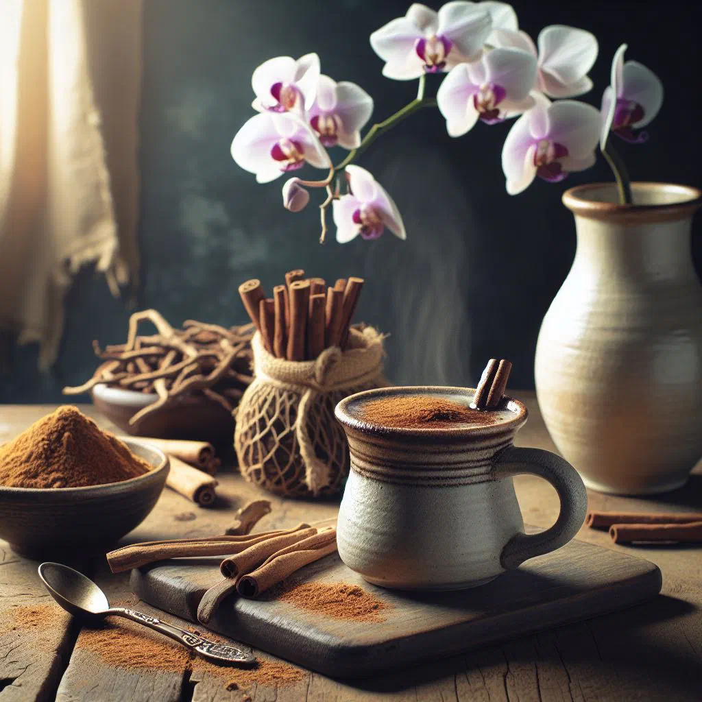 Creamy hot salep in a glass topped with cinnamon and chopped nuts