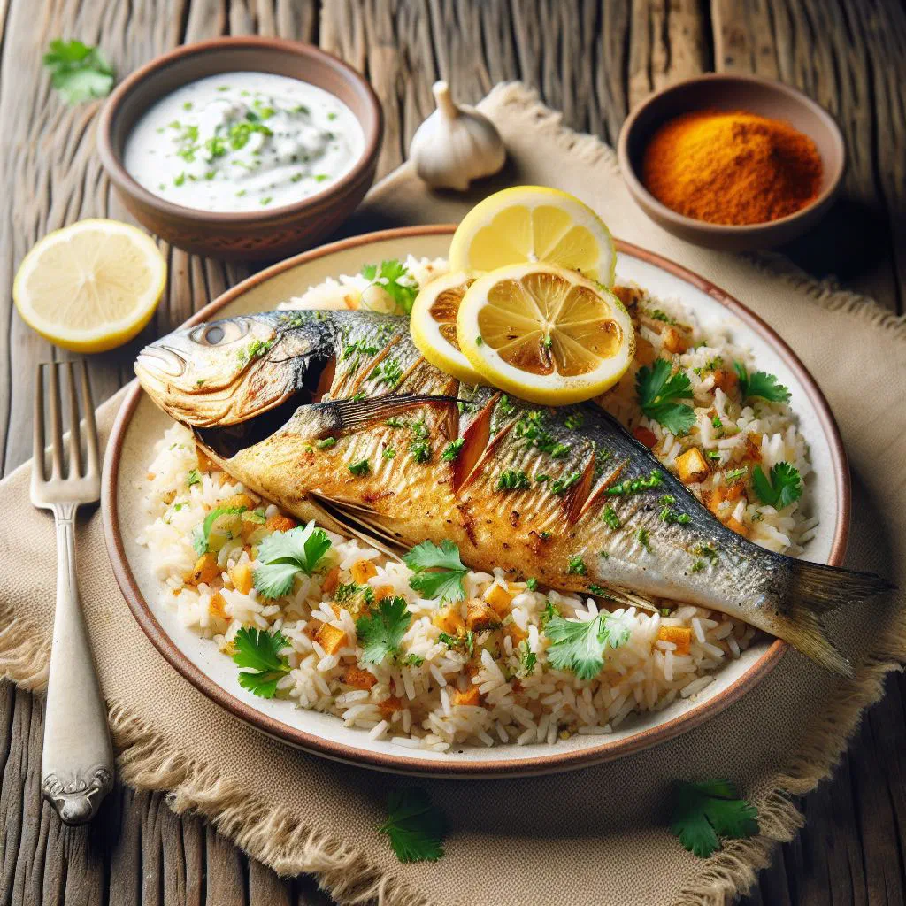 Spiced Egyptian fish fillets served over aromatic rice with fresh coriander and lemon