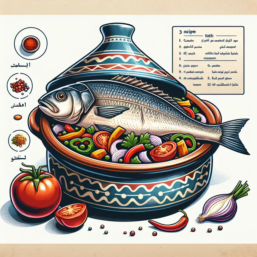 Sea bass tagine with peppers, tomatoes and black olives, garnished with fresh coriander