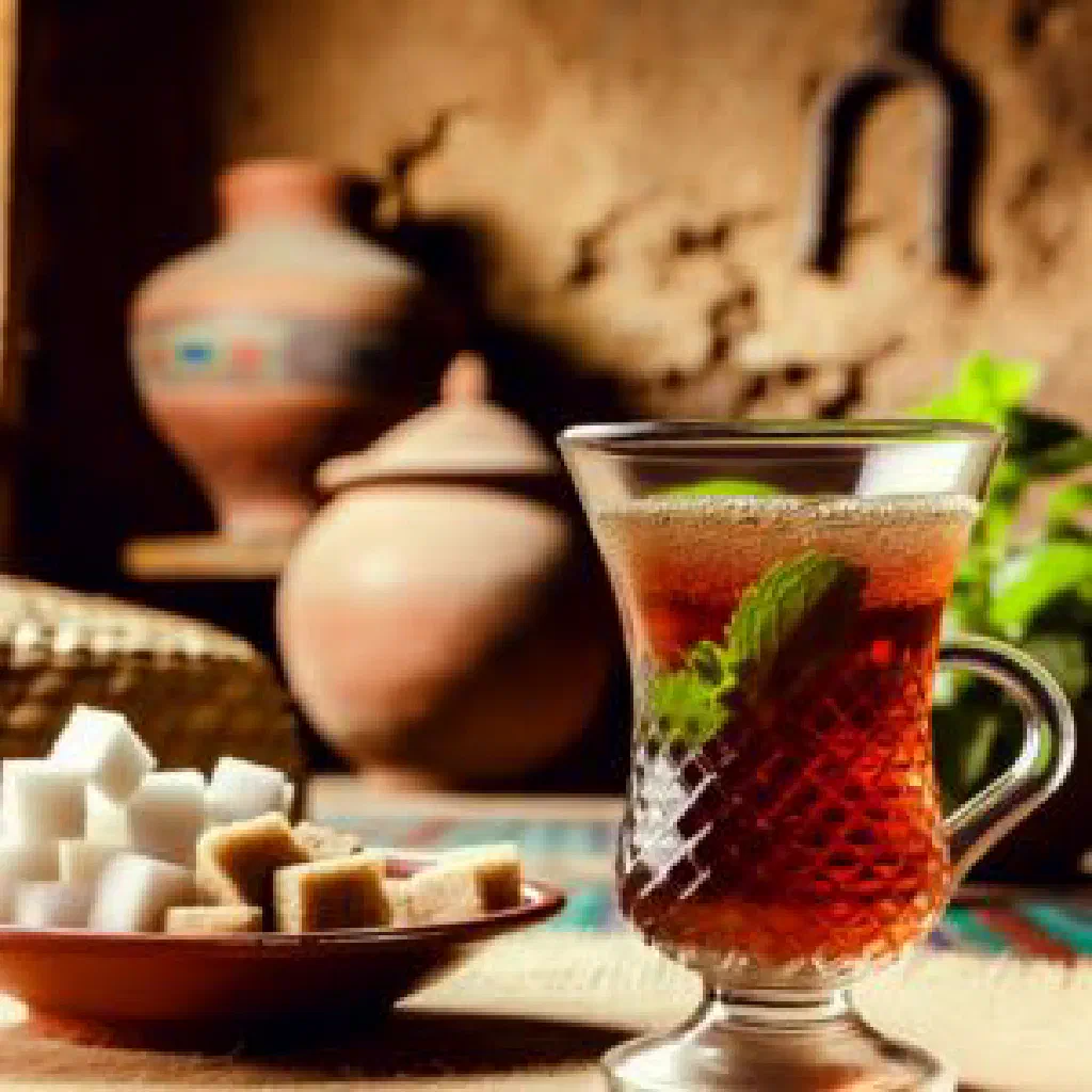 Glass of Egyptian shai black tea with a cinnamon stick