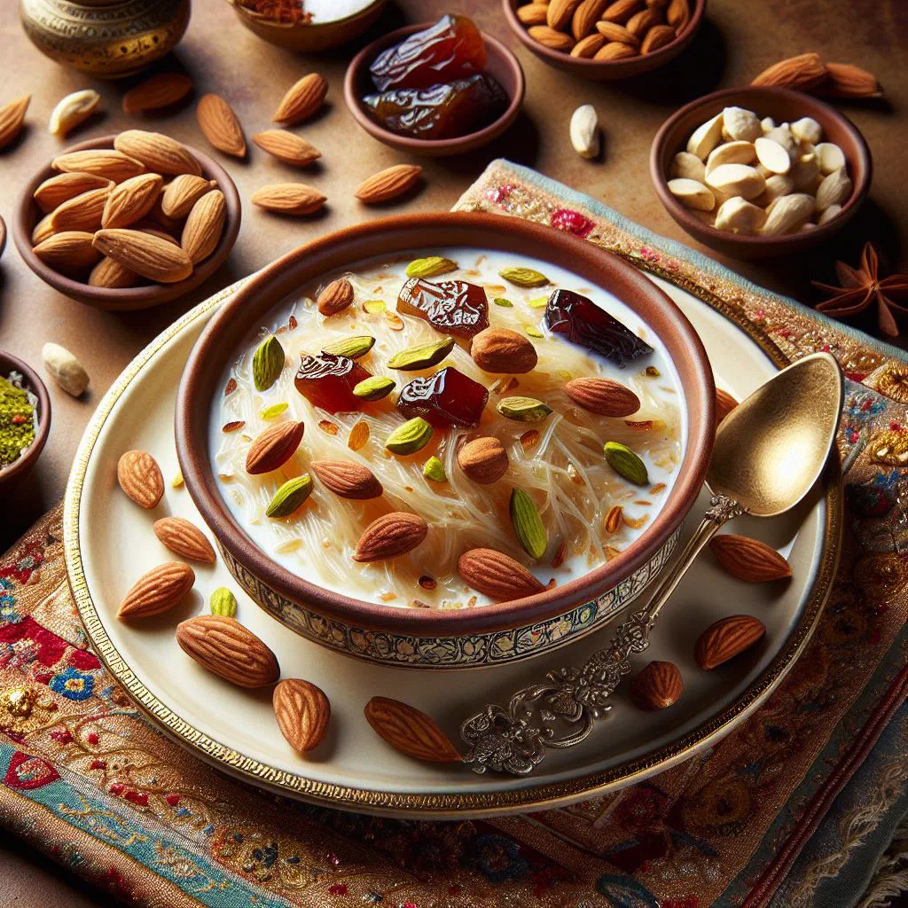 Creamy sheer khurma with vermicelli, nuts and raisins in a bowl
