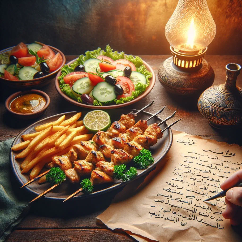 Grilled shish tawook chicken skewers garnished with fresh herbs