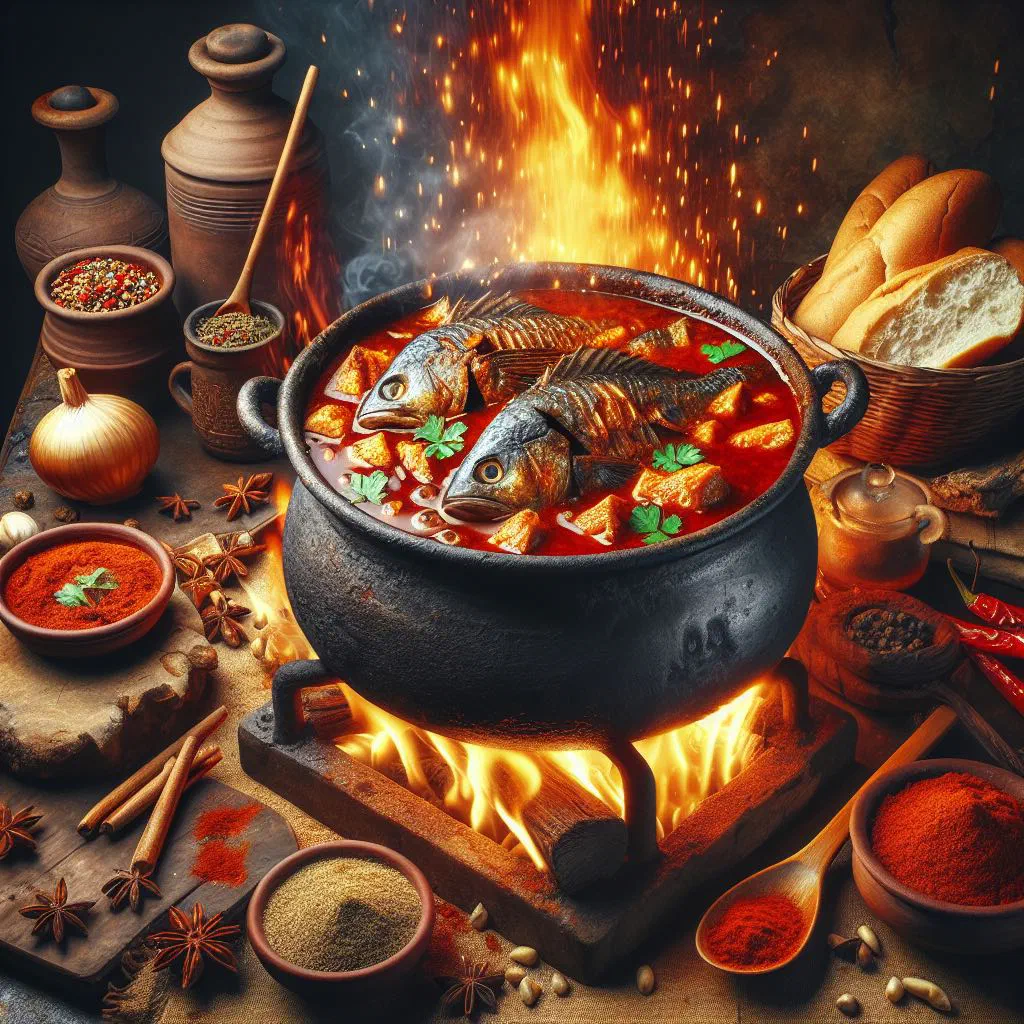 Spicy Nile fish stew with peppers, tomatoes and fresh coriander