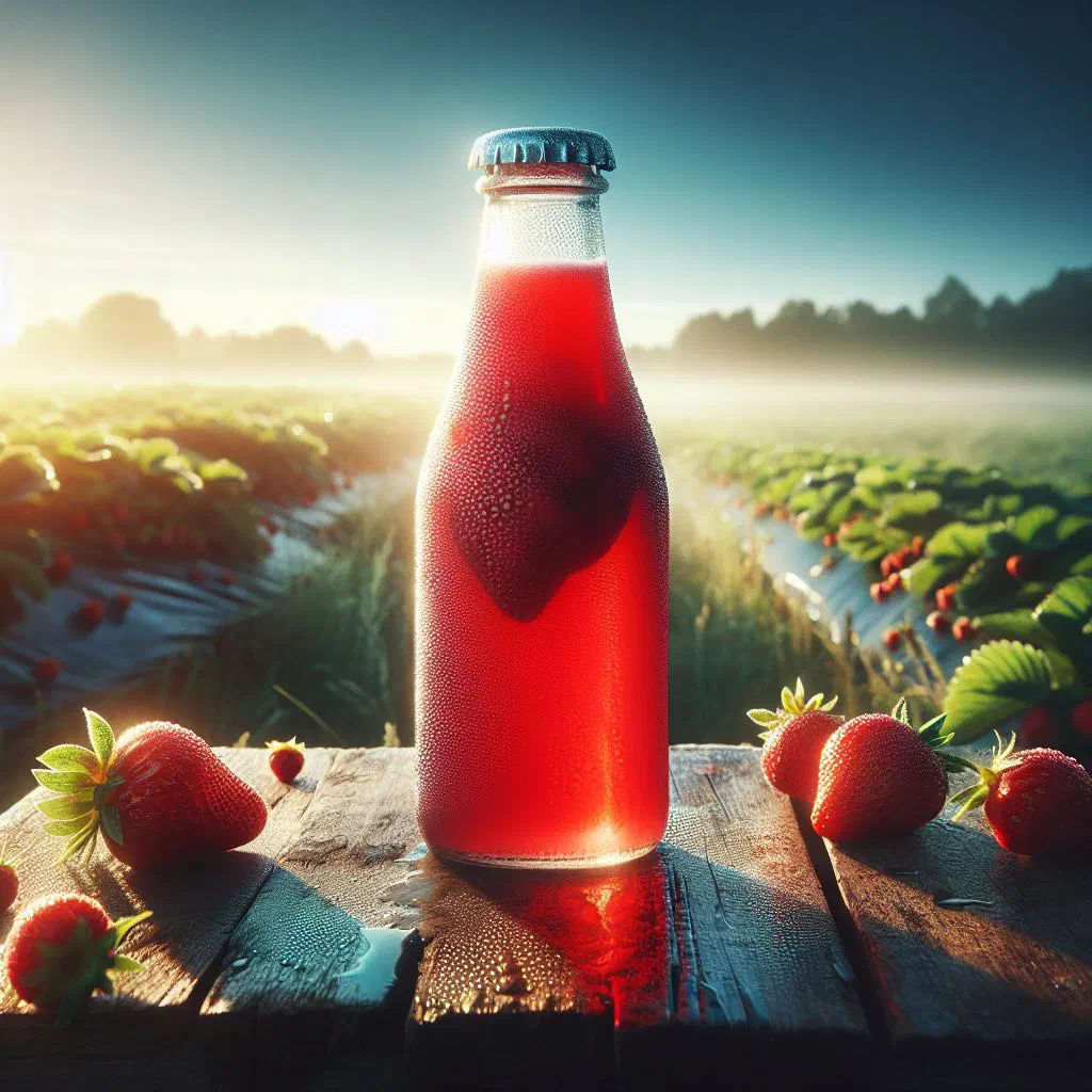 Glass of fresh strawberry juice garnished with mint leaves