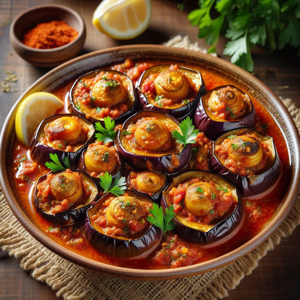 Stuffed aubergines filled with spiced tomato and herbs on a plate