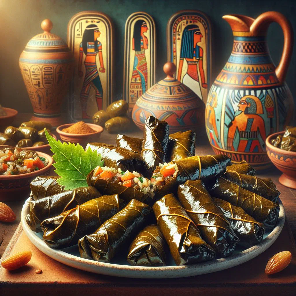 Rolled stuffed grape leaves arranged on a plate with lemon wedges