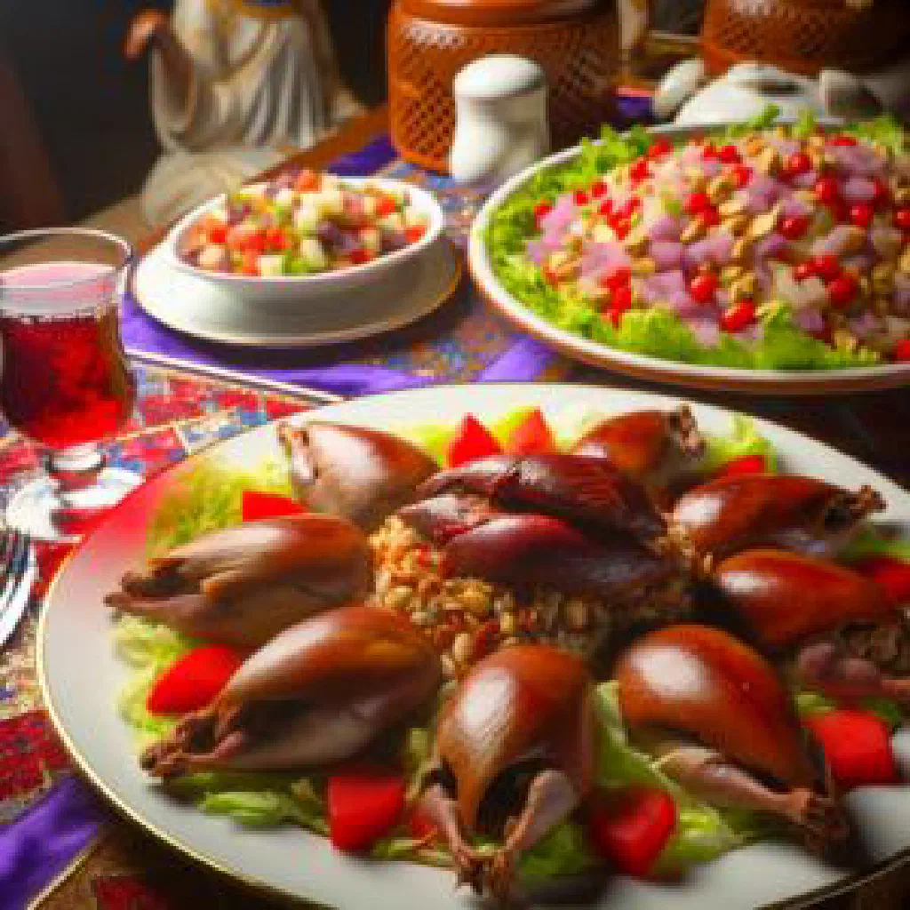 Roasted stuffed pigeons on a platter garnished with fresh herbs