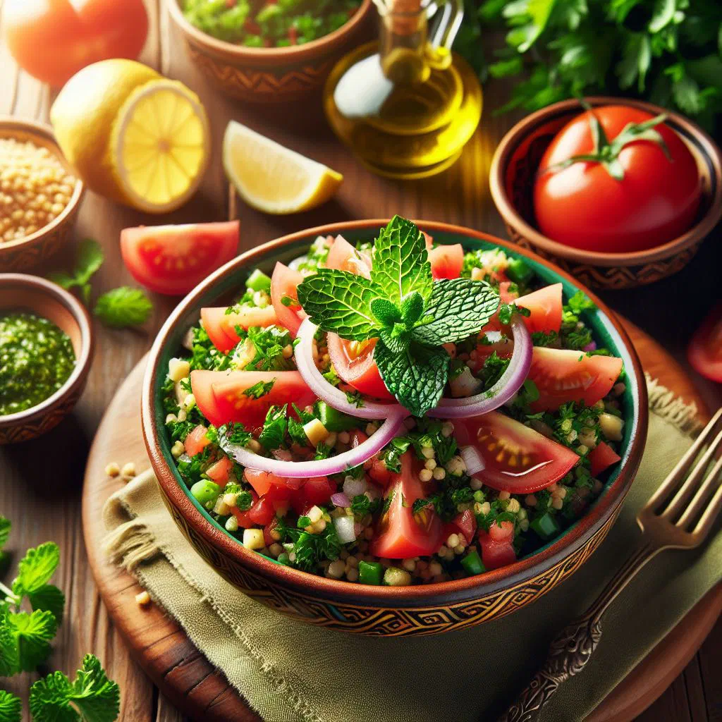 Fresh tabbouleh salad with parsley, mint, tomatoes and bulgur in a bowl