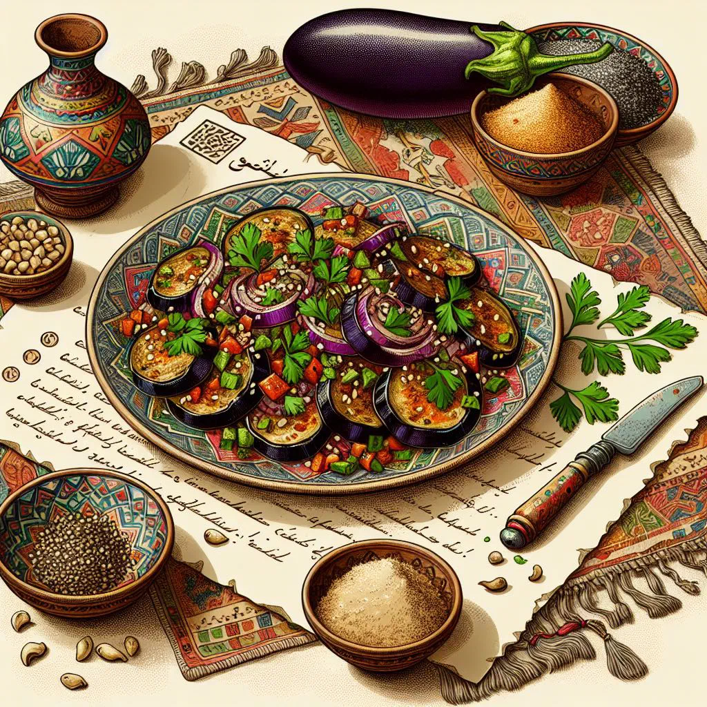 Roasted eggplant salad dressed in creamy tahini and garnished with parsley