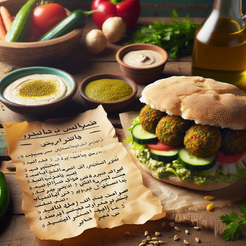 Crispy fava bean tamiya fritters served in flatbread with fresh vegetables and tahini