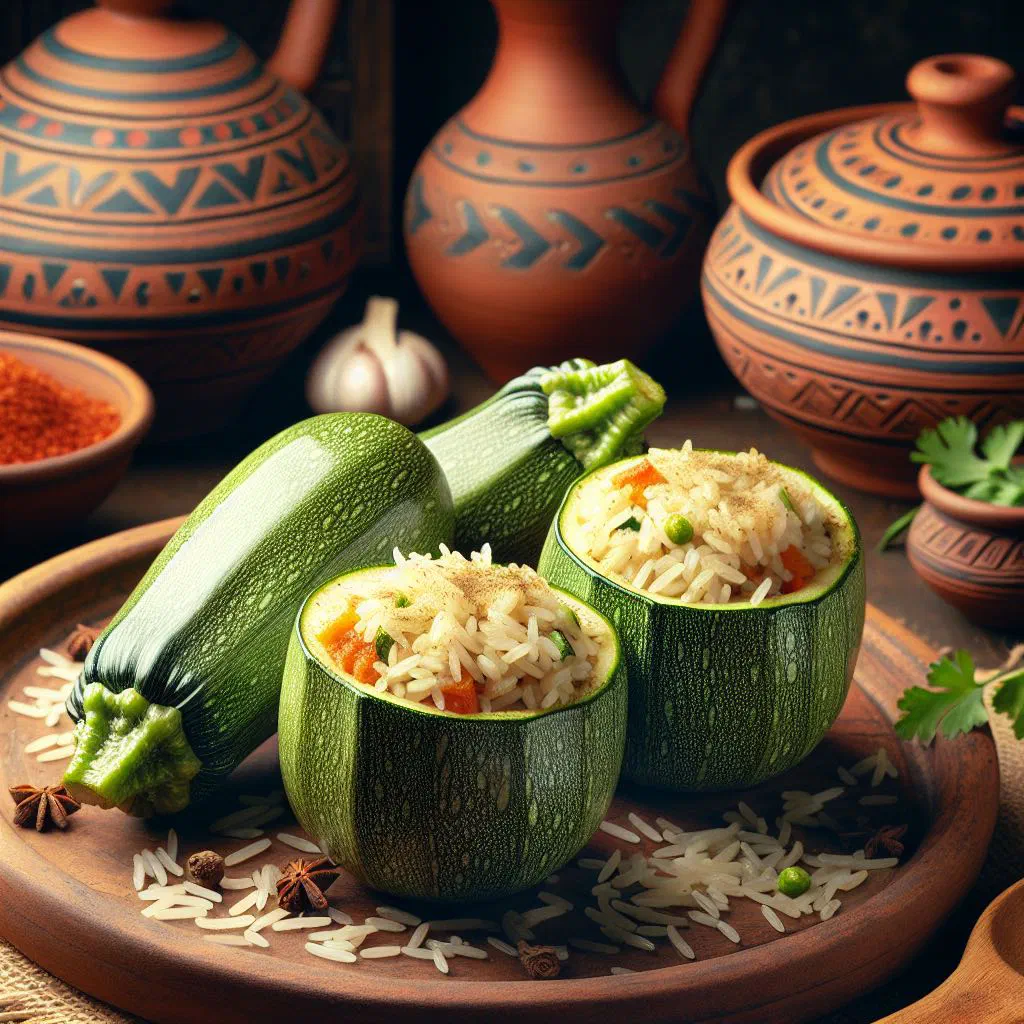 Stuffed zucchini in tomato sauce garnished with fresh herbs