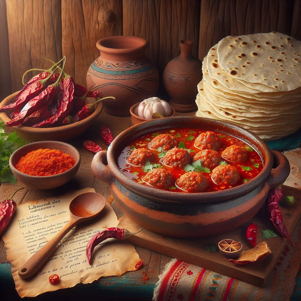 Salvadoran meatballs simmered in red tomato sauce, garnished with fresh coriander
