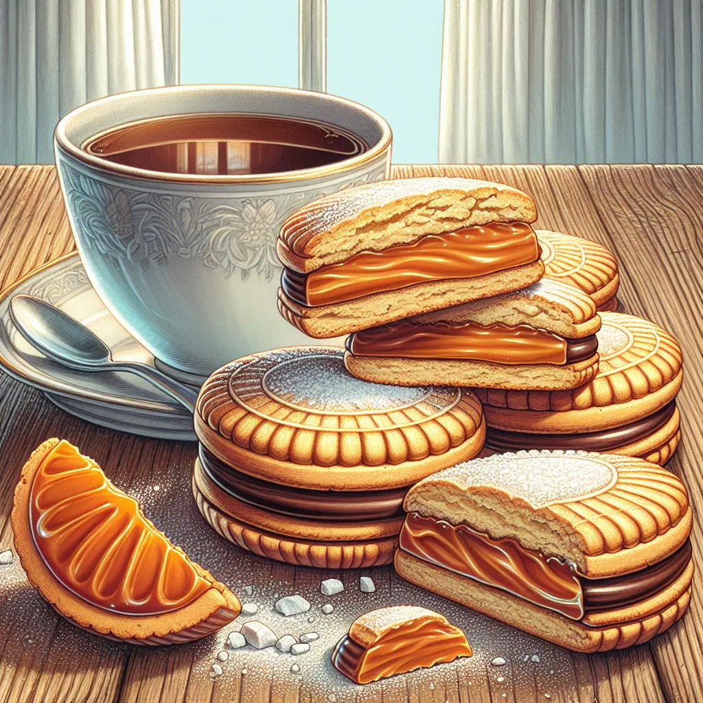 Alfajores biscuit sandwiches filled with dulce de leche and dusted with icing sugar