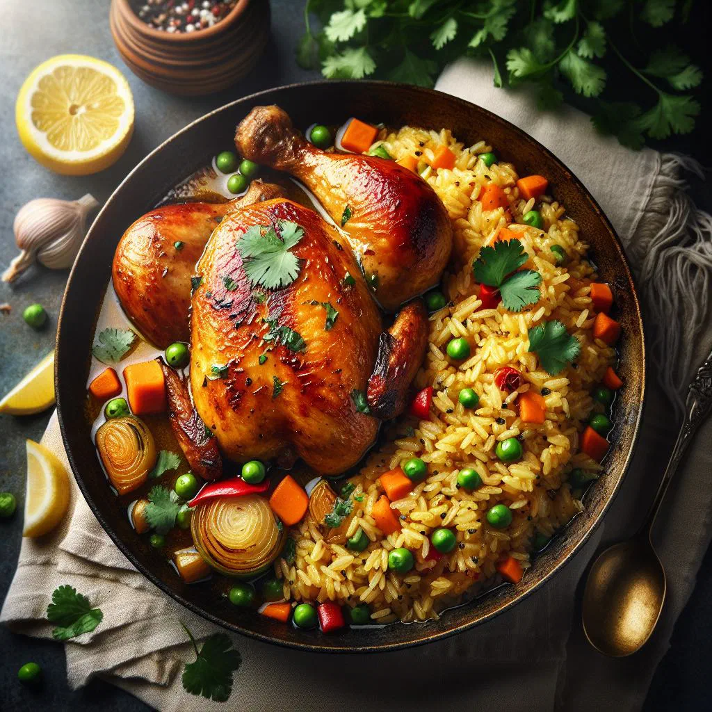 Arroz con pollo with tender chicken, seasoned rice and colourful vegetables