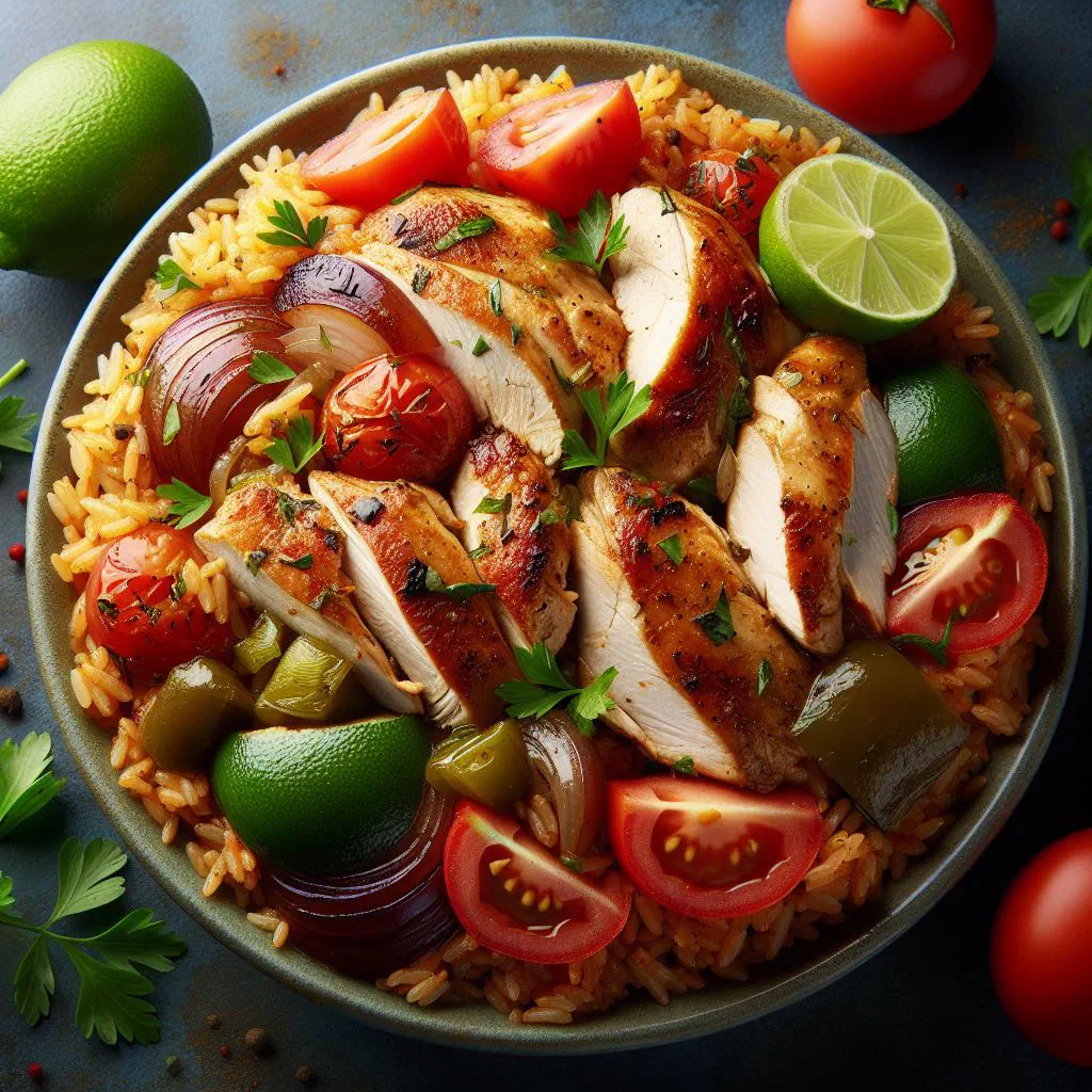 Salvadoran chicken and rice with peppers and carrot in a serving dish