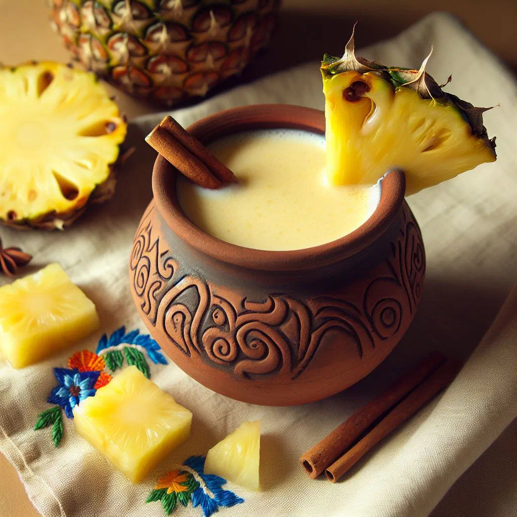Warm Atol de Piña served in a glass with a cinnamon stick