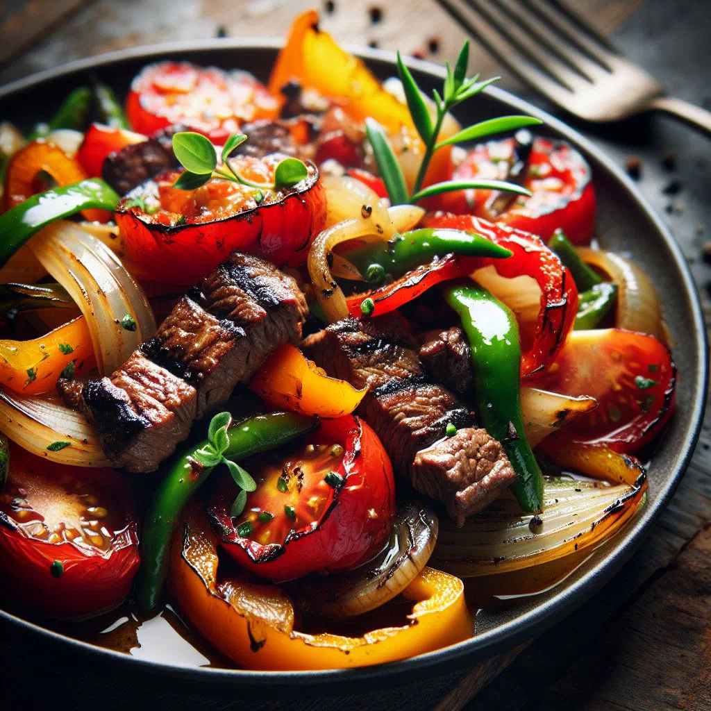 Sautéed beef with colourful peppers and onions garnished with fresh coriander