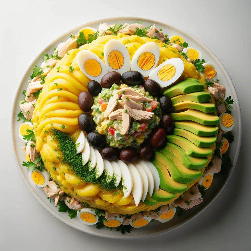 Layered causa limeña of mashed potato and tuna filling garnished with coriander