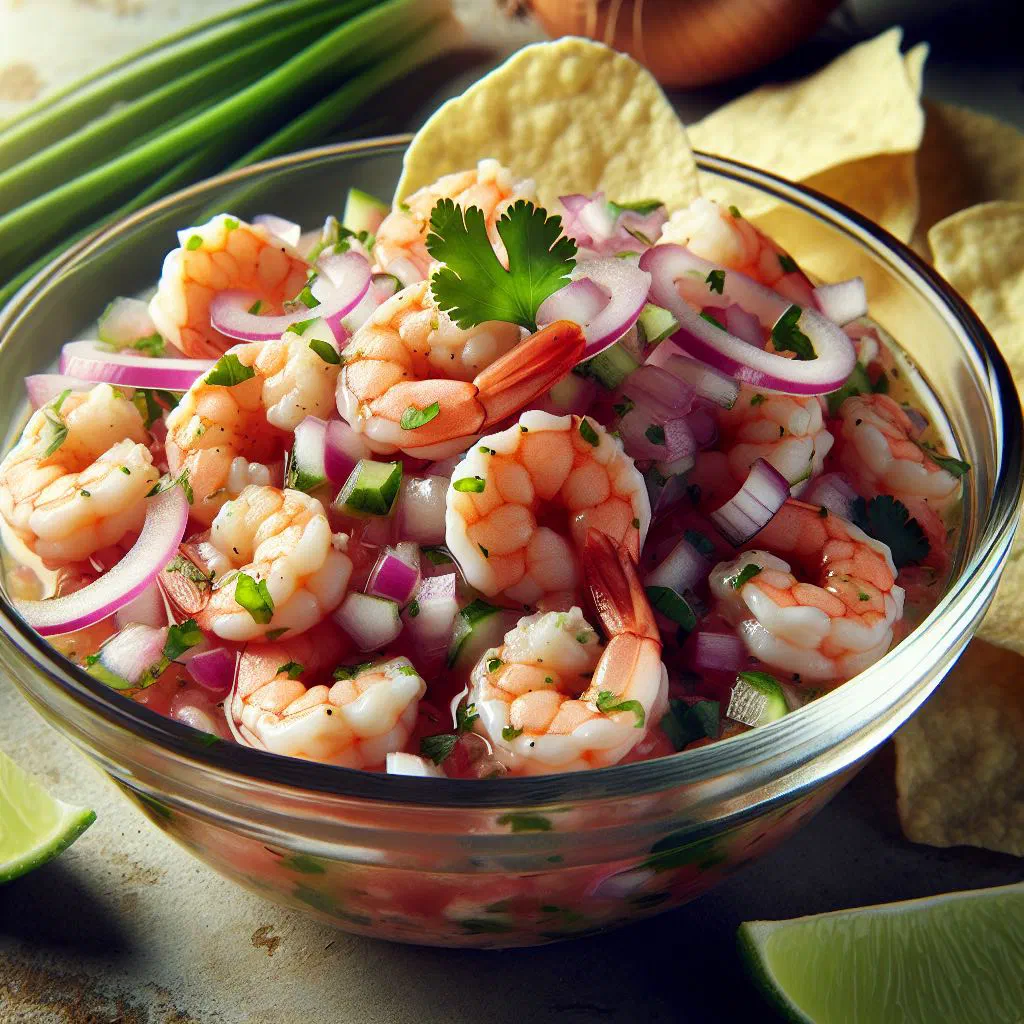 Bowl of prawn ceviche with red onion, tomato and fresh coriander