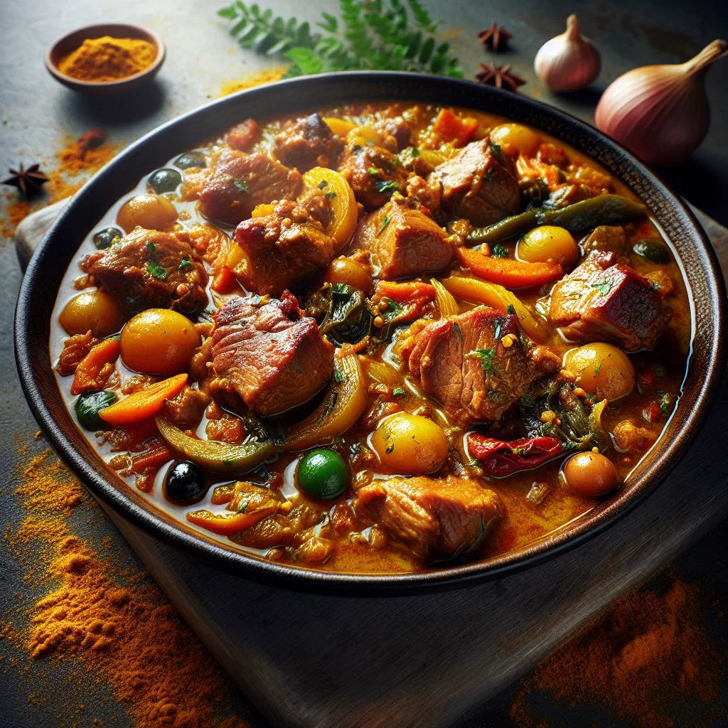 Bowl of Salvadoran chanfaina de cerdo with pork, rice and vegetables