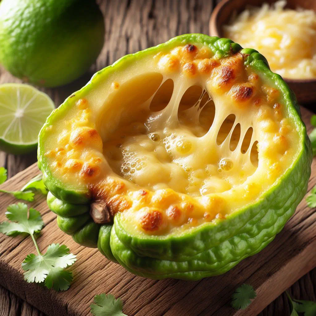 Halved chayote stuffed with melted cheese, baked golden and garnished with herbs