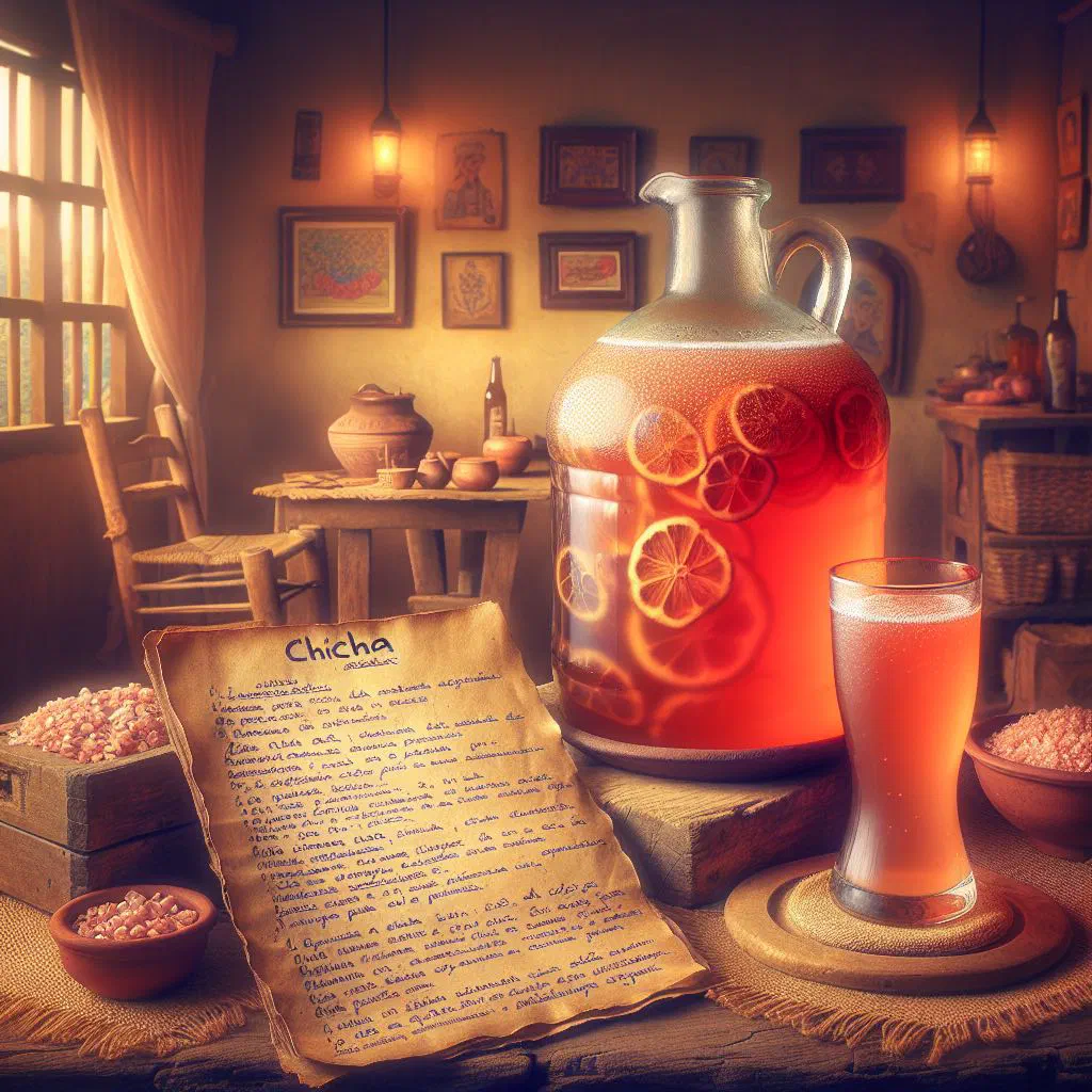 A tall glass of golden fermented corn chicha with lime and cinnamon