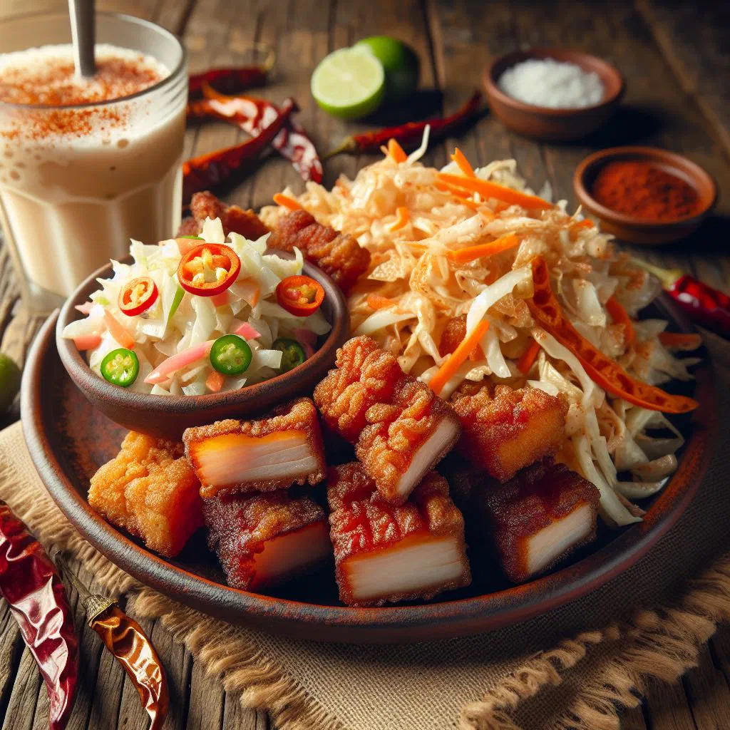 Crispy pork chicharrón served with tangy cabbage-and-carrot curtido