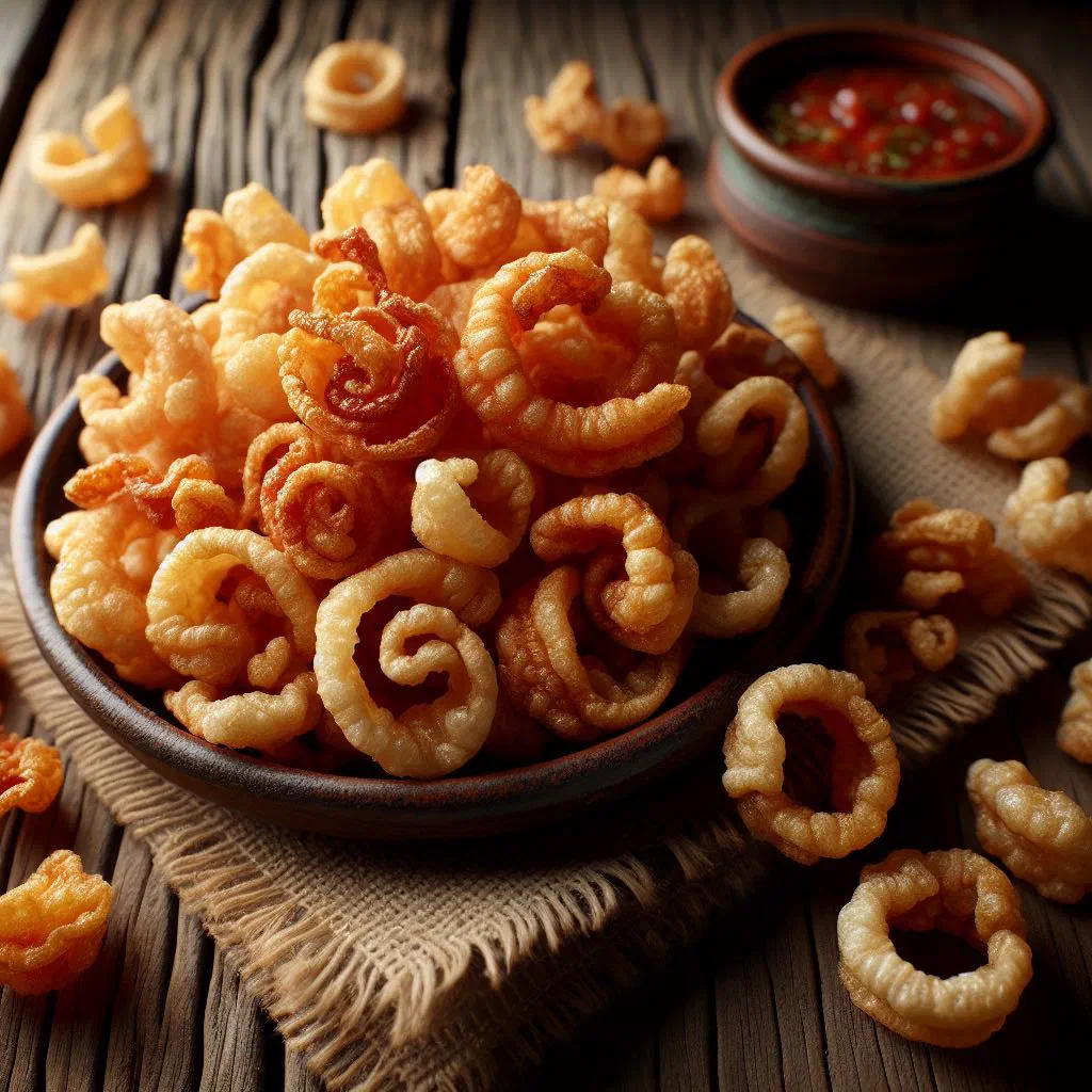 Golden, crispy fried pork belly chicharrones served with pickled vegetables and fresh salsa