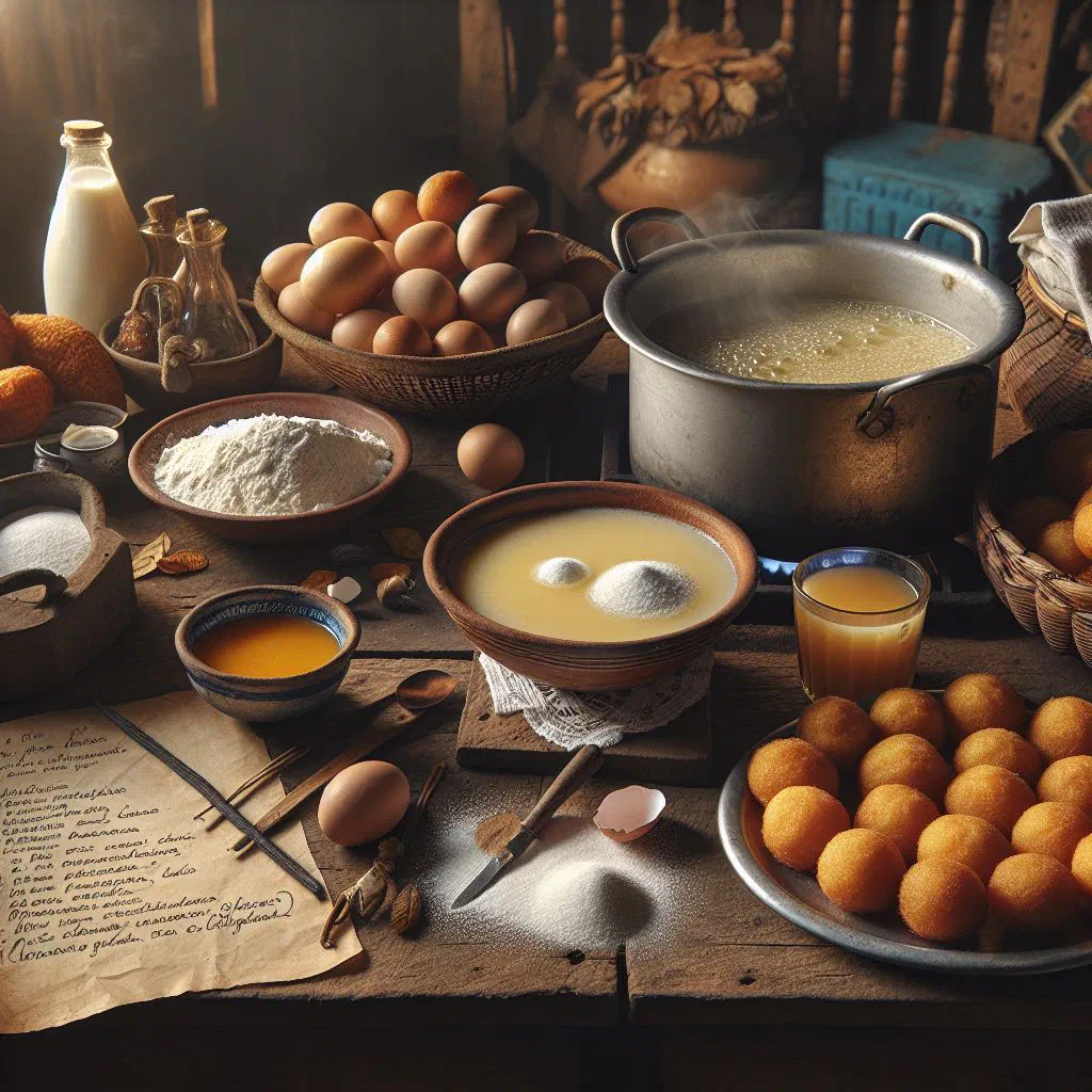 A bowl of warm chilate corn soup served with golden, crisp nuegados fritters