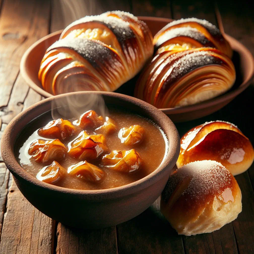 A steaming cup of chilate served with a piece of sweet pan dulce