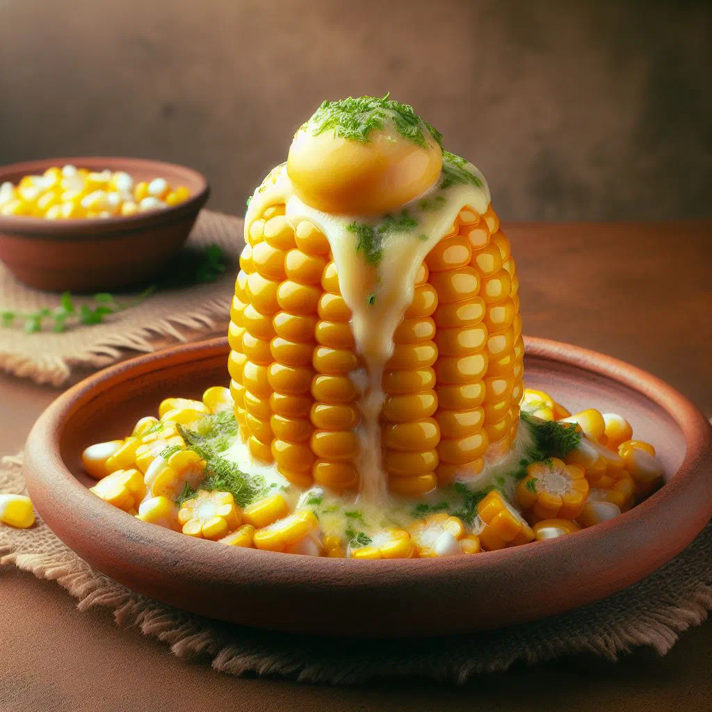 Fresh corn on the cob topped with melting fresh cheese