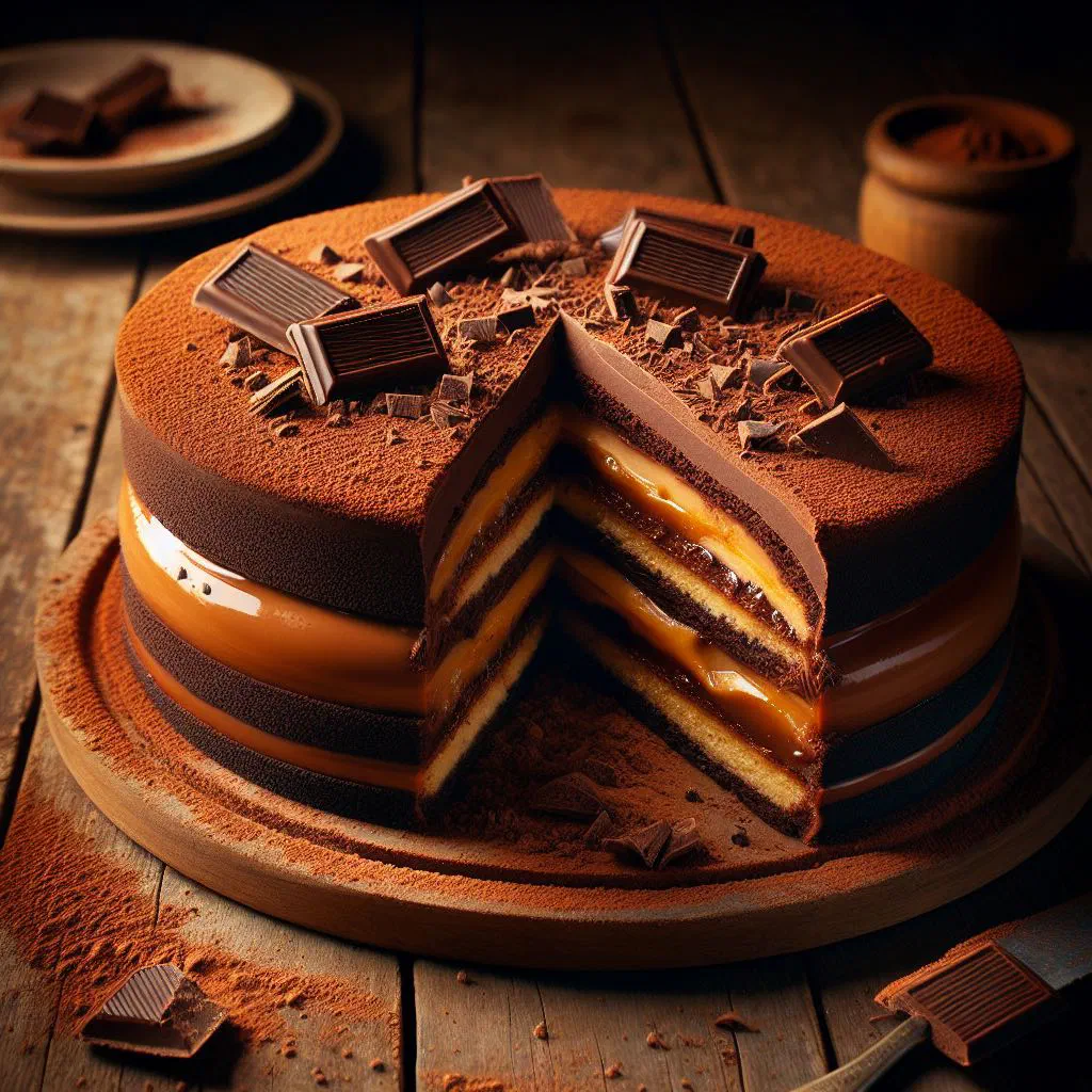Slice of chocotorta layered cake dusted with cocoa powder